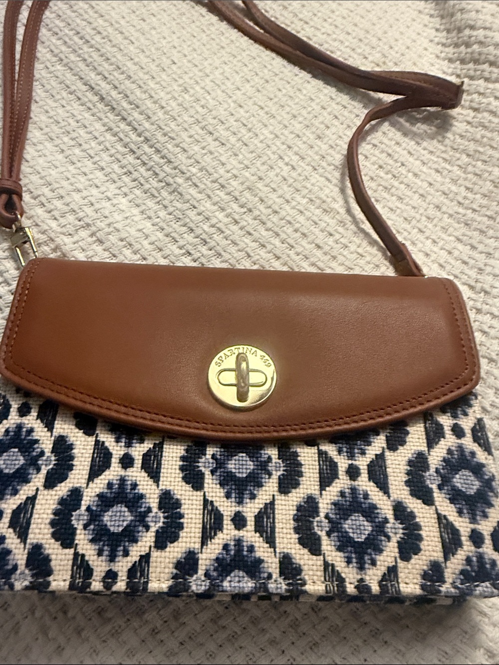 Spartina 449 Brown Leather-Flap Crossbody with Blue Patterned Canvas